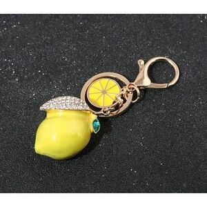 NEW Yellow Lemon Bag Charm Keychain Crystal Purse‎ Charm Rhinestones Bling